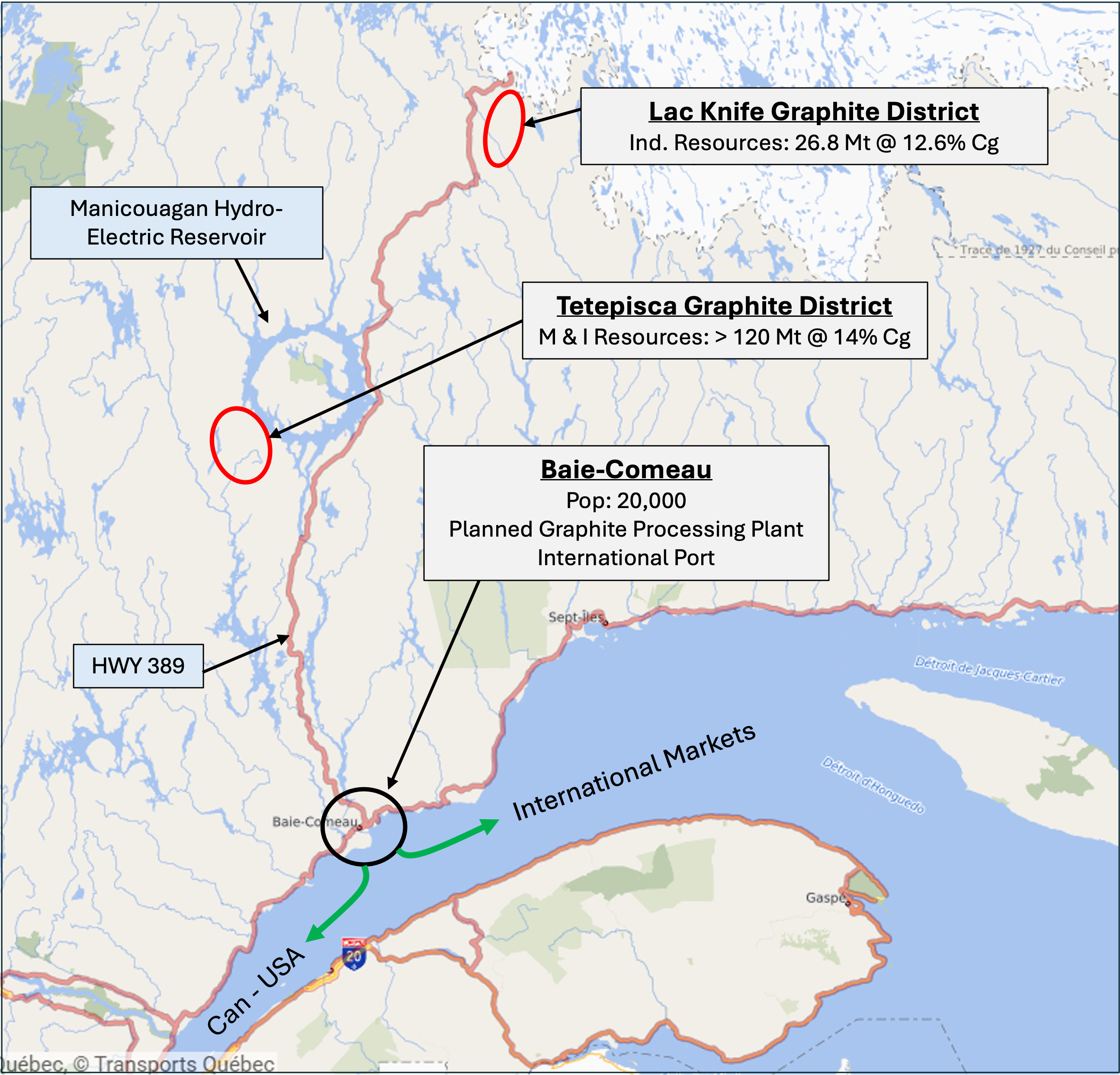 Tetepisca Graphite District location showing Lac Knife, Baie-Comeau, and international market access