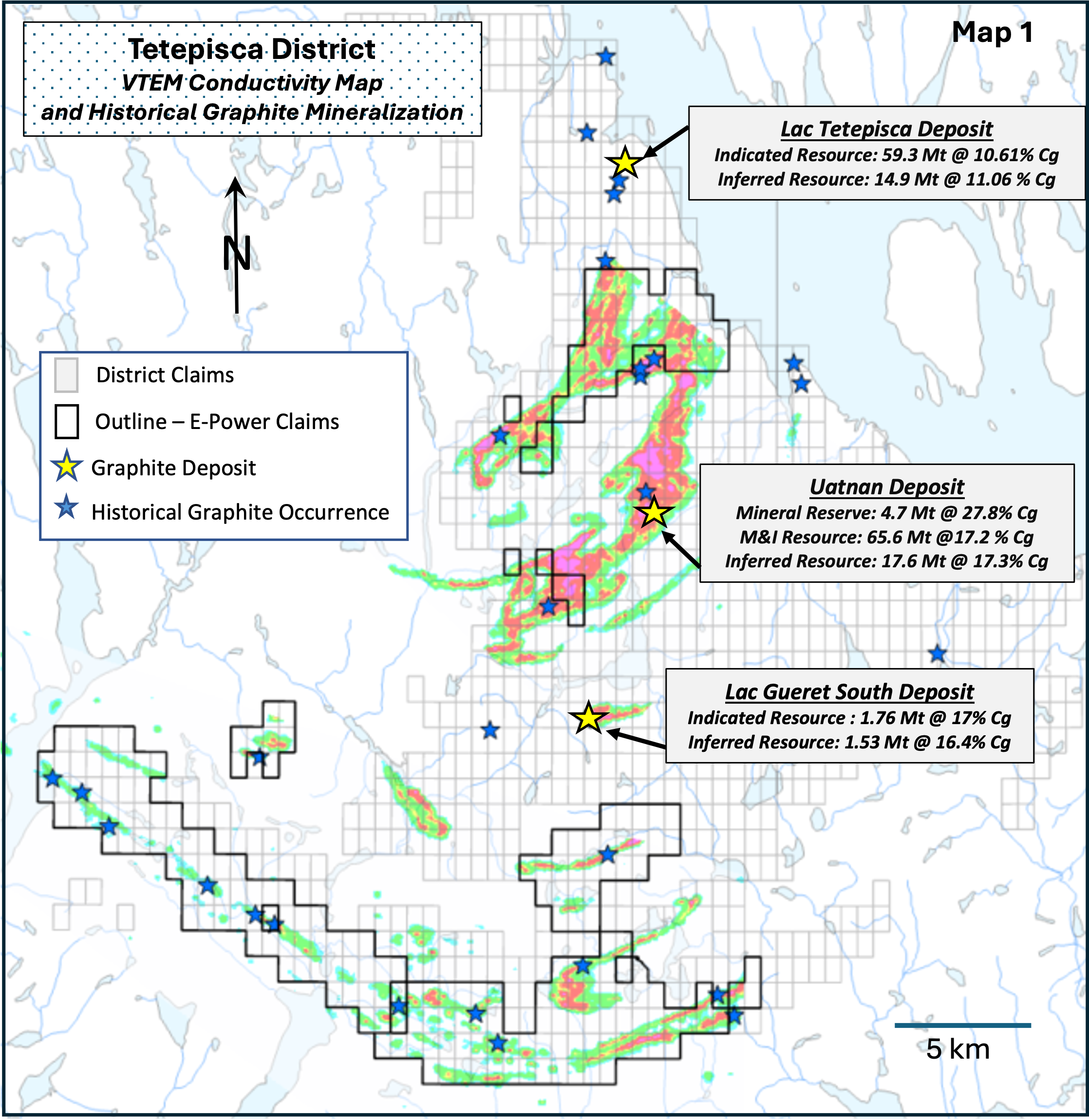 Tetepisca District VTEM Conductivity Map with historical graphite mineralization and deposits