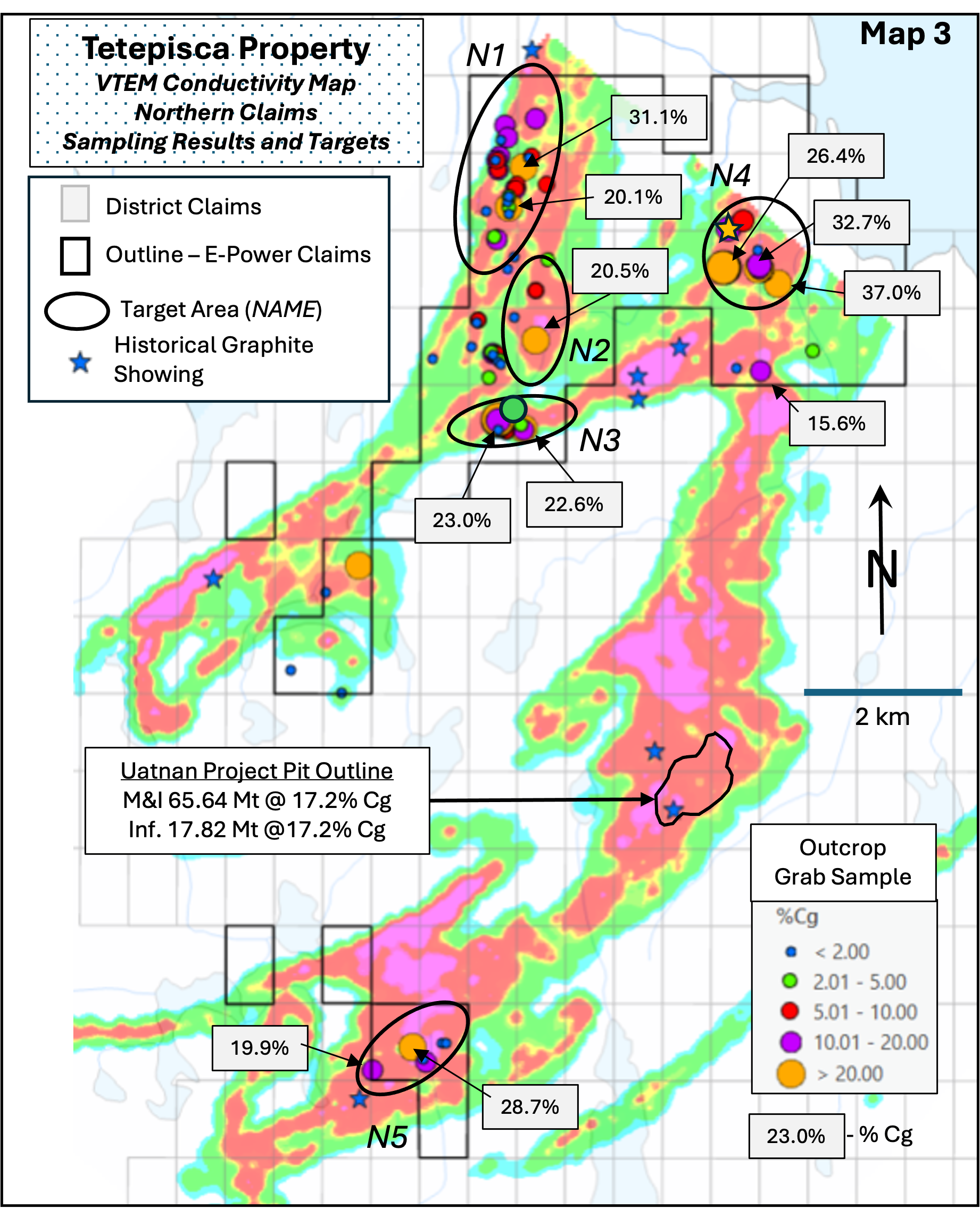 VTEM Conductivity Map — Northern Claims with sampling results N1-N5