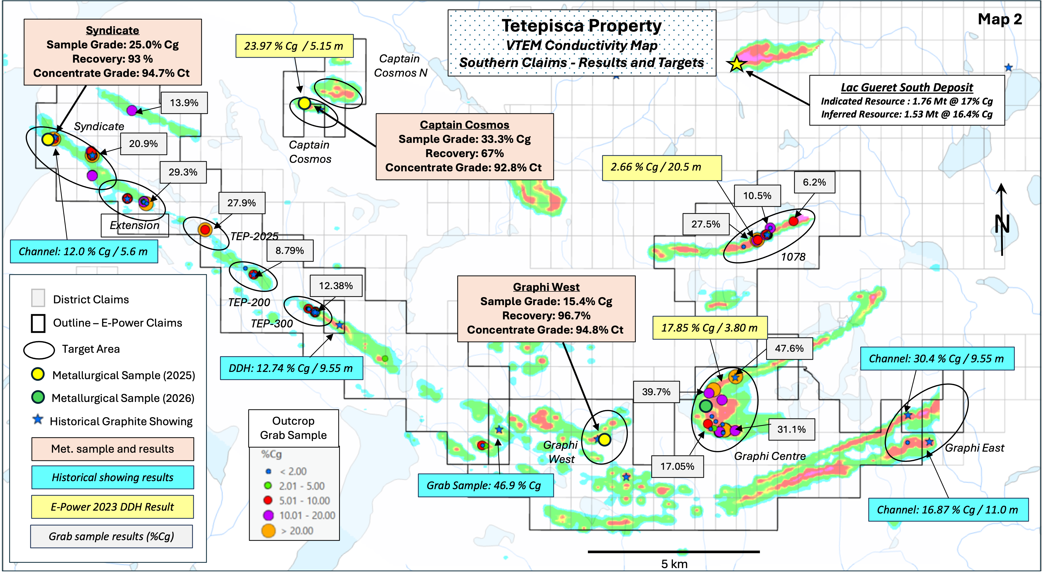 VTEM Conductivity Map — Southern Claims with sampling results and targets
